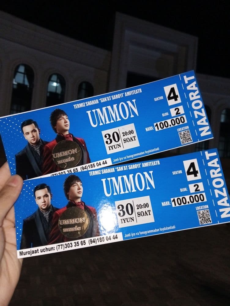 2 билета на концерт "Ummon" в Термезе