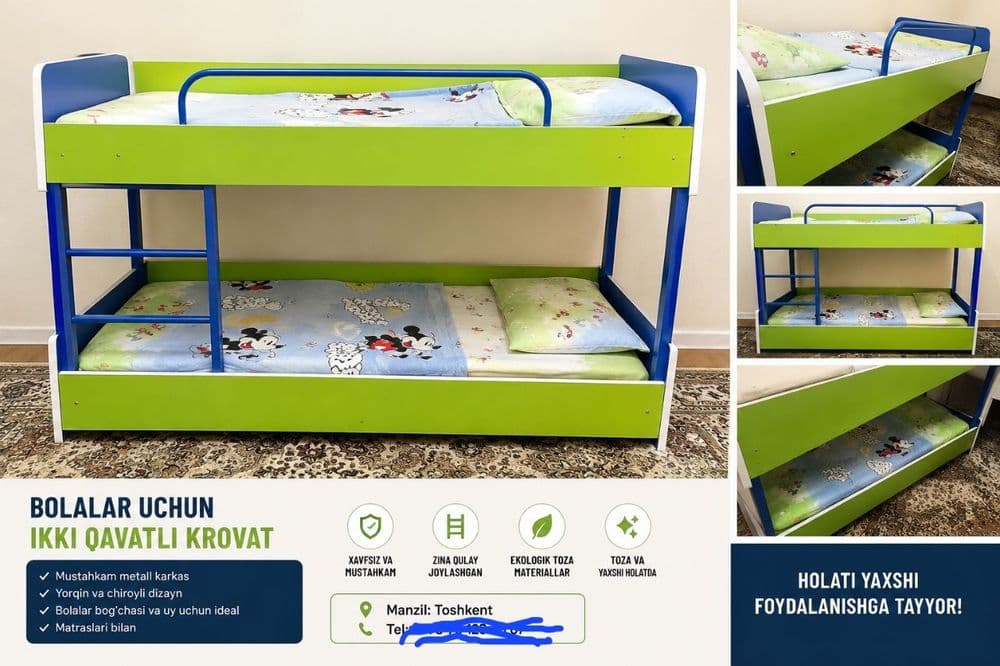 Bolalar uchun ikki qavatli krovat sotiladi