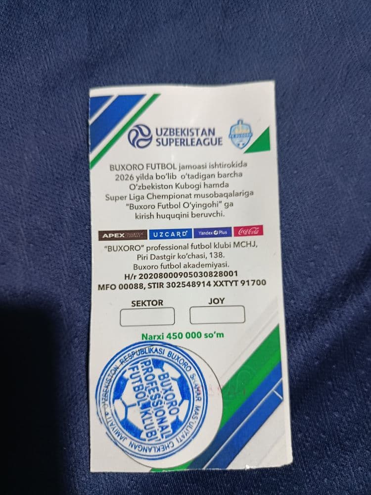 Buxoro pfk futbol klubi oʻyinlariga bir yillik chipta sotiladi