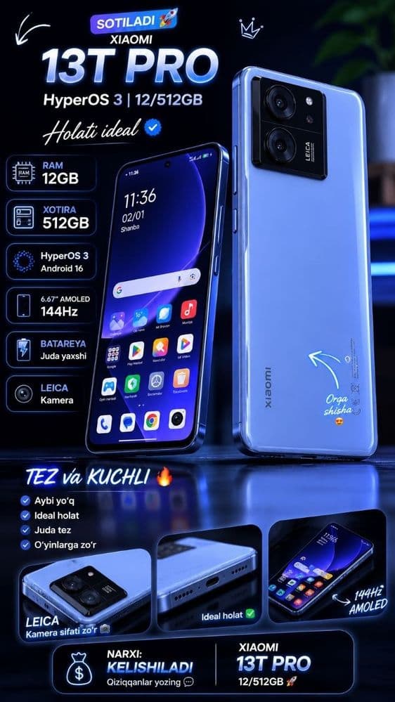 Xiaomi 13T Pro 12/512GB Moviy Rang, Kelishiladi