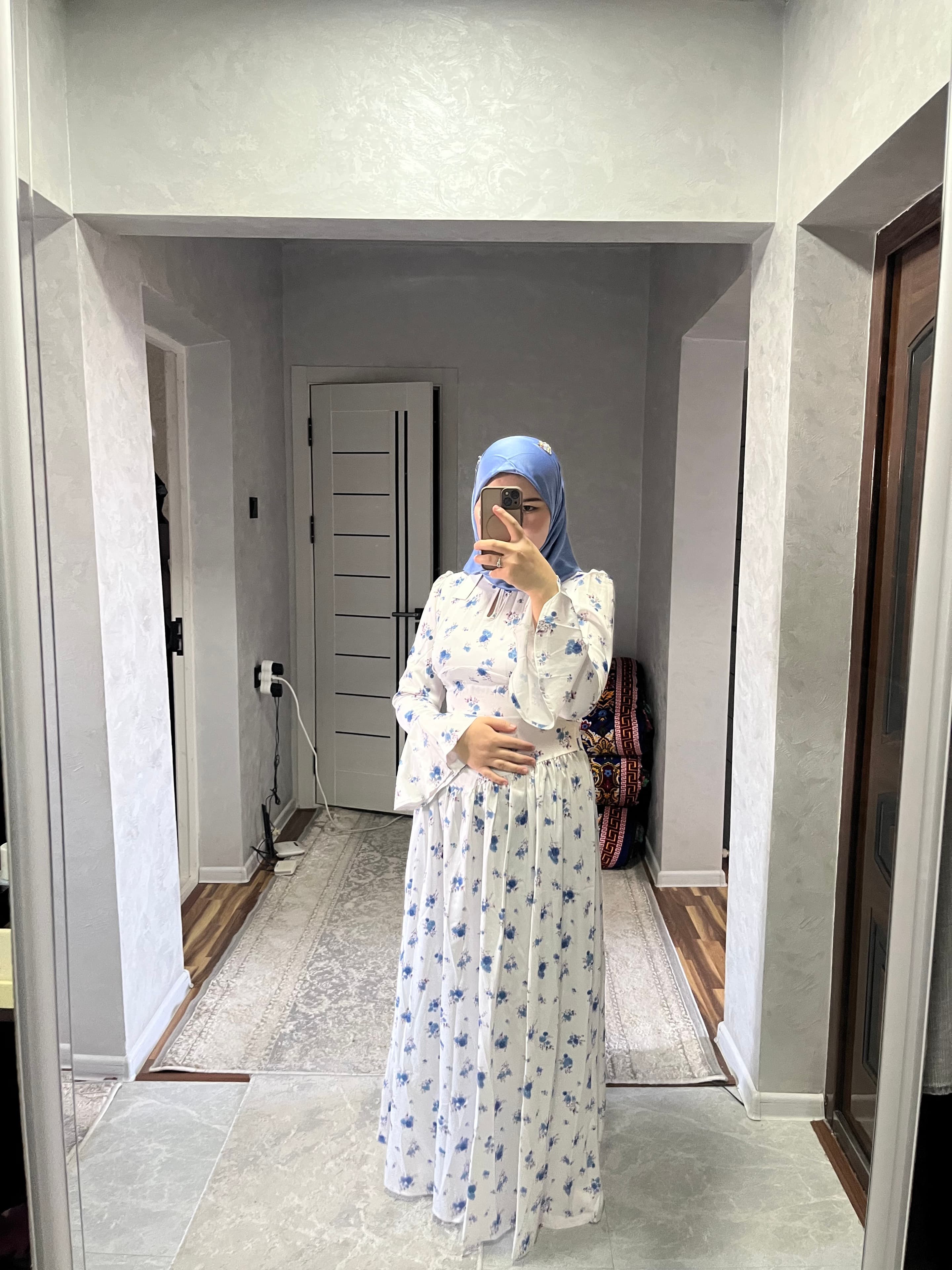Women's Maxi Dress with Floral Print, Blue Flowers on White